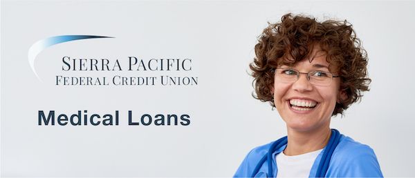 Sierra Pacific Federal Credit Union Medical Loans logo and smiling woman